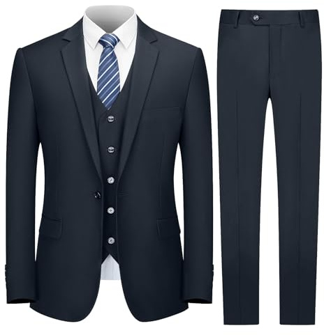 Cooper & Nelson herrdräkt smal passform, 3-delad kostym för män, en knapp solid jacka väst byxor med slips, smoking set, Mörk marin, M