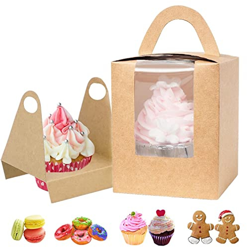 GUIFIER 30 Stück Cupcake Boxen Einzeln mit Fenster, Kraftpapier Cupcake Box 1er, Tortenschachtel mit Griff, Papierschachteln Geschenkboxen, Cupcake Behälter Bäckerei Boxen für Donut, Muffin (Braun)