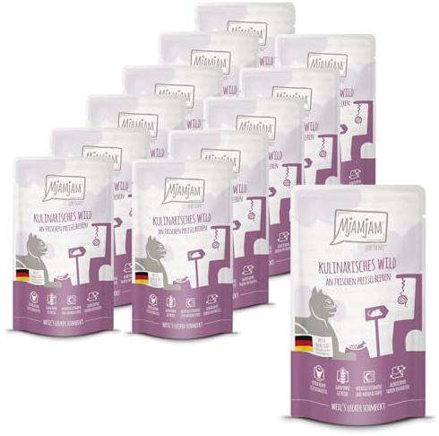 MjAMjAM - Premium nourriture humide pour chats - Quetschie - gibier culinaire aux airelles fraîches, paquet de 12 (12x125g), sans céréales