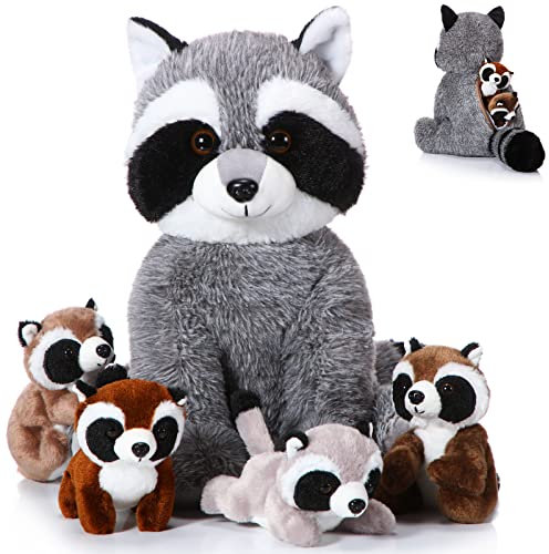 Harrycle 5 Stück Waschbär Kuscheltier Set Süßer Mama Waschbär Plüsch mit 4 Baby Waschbären im Bauch Kuschelige Weiche Waschbär Spielzeuge für Jungen Mädchen Geburtstag Wald Party (Niedlicher Stil)