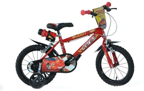 Dino Bikes – 14 Zoll Kinderfahrrad Cars – Jungen Fahrrad mit abnehmbaren Stützrädern ab 3 Jahren – Kinderrad mit Frontschild & Trinkflasche inkl. Halterung – verstellbare Sattel- & Lenkerhöhe (Rot)