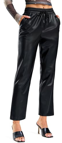 SANTINY Women's Faux Leather Pants High Waisted Straight Leg Cropped Ankle Trousers Vegan Matte Pleather Pants for Women Full Length(Black_XL)