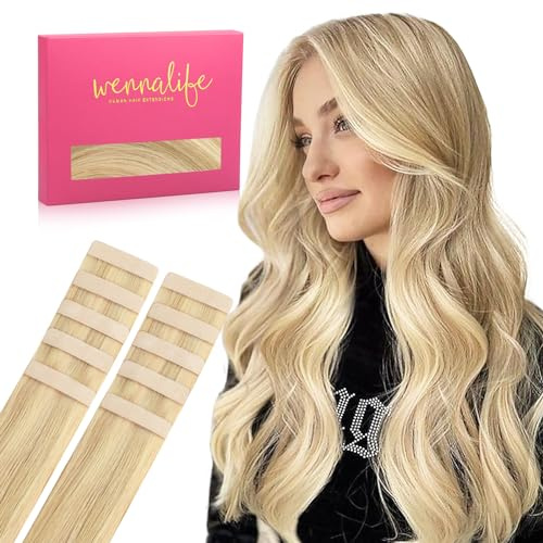 WENNALIFE Tape Extensions Echthaar, 45cm 25g 10 Stück Invisible Tape in Extensions Echthaar, Echthaar Extensions Tape, Remy Gerade Haarverlängerung Echthaar #16/22 Hellblond Highlights Goldblond