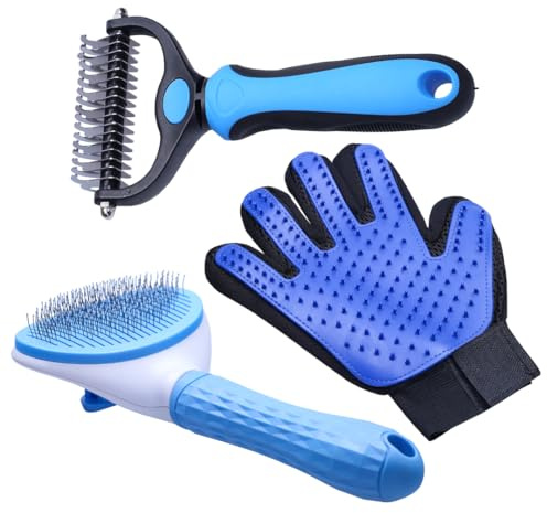 Purepower Sats 2x Cepillo para perros, cepillo para gatos, 1x Guante para pelo de mascotas, cepillos depilatorios largos y cortos para mascotas y guantes para el cuidado del pelaje