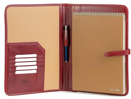 Leather Pad Folio, Executive Folio A4, Echtes Leder Portfolio, Professioneller Notizbuchhalter, Leder Business Ordner für Damen und Herren (Rot)