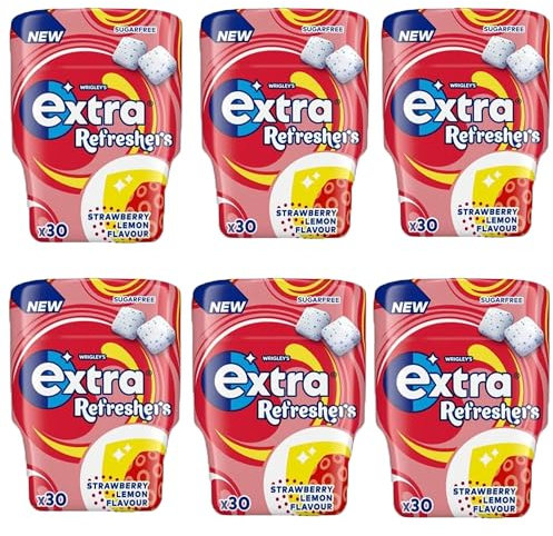 Extra Refreshers, Strawberry Lemon Flavor Sugar free Chewing Gum Bottle, 6 x 30 Pack (Strawberry Lemon)