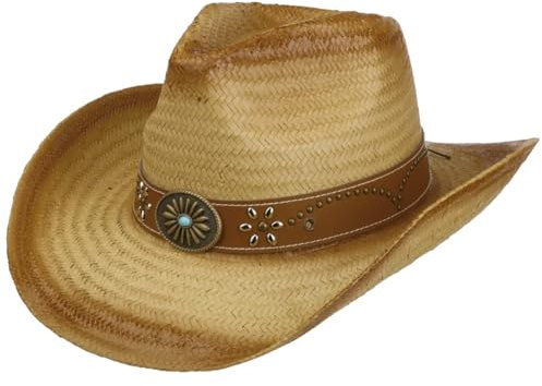 Lipodo Cowboy Hut Strohhut - Vintage-Look - Naturfarbener Hut - Mit Band in Lederoptik - Frühjahr/Sommer - Damen und Herren Natur M (56-57 cm)
