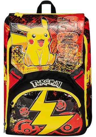 Seven Sac à dos d'école extensible POKEMON - PIKACHU, jaune rouge, sac à dos double compartiment amovible par fermeture éclair et avec poche porte-bouteille, sac à dos enfant, multicolore, Taglia