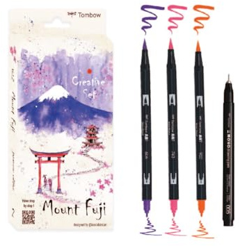 Tombow Creative Set Japan Edition Mount Fuji Set, 3 ABT Dual Brush Pens & MONO drawing pen, Aquarellpapier mit QR-Code Video Tutorial [JAPAN-SET2]