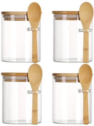 JOCHAMPS 4pcs Glass Jars with Spoons and Bamboo Lids Labels and Chalk, Kitchen Storage Jars for Spices Sugar Salt Tea Candies Jellies Herbs, Overnight Oats Breakfast Jars, 8.5 * 10cm(450ml)