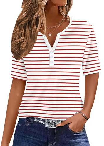 WNEEDU Camicia Donna Maglietta Manica Corta A Collo V con Bottoni Estiva | Maglia collo Henley,T Shirt Lunga,Top Casual