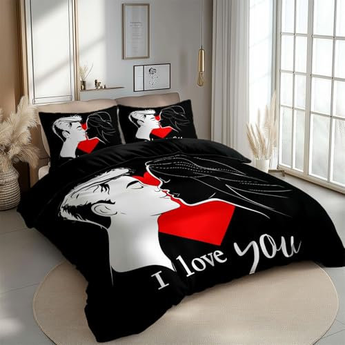 Copripiumino 260 x 240 cm, Parure Copripiumino Microfibra con Stampa Bacio Semplice A Forma Di Cuore + 2 Federe 50x75 cm Bedding Set Reversibile con Cerniera, Nero