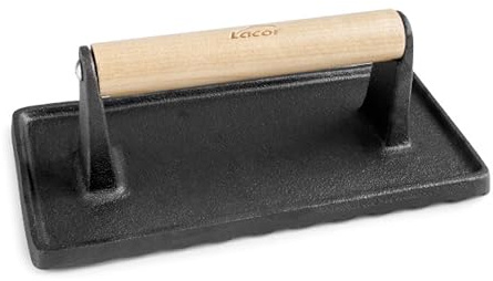 Lacor - 25863 - Pressa per Hamburger Magma Rettangolare, Ghisa, Manico in Betulla, Senza PFOA, Superficie Scanalata, 23x11 cm