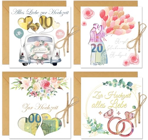 DPKOW Hochzeitskarte Geldgeschenk, 4 Stk Hochzeit Geldgeschenk Verpackung, Geld Hochzeitsgeschenke für Brautpaar, Glückwunschkarte Hochzeit Karte Geldkarte, Wunscherfüller Geldgeschenke