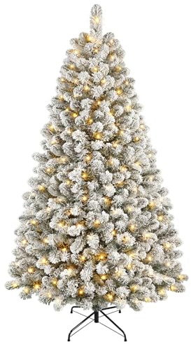 SHareconn 7ft Pre Lit Christmas Tree Snow Flocked with 320 Warm White LED Lights, 8 Light Modes, 1076 Snow Branch Tips, Foldable Metal Stand, Artificial Xmas Tree for Home Office Party Decoration