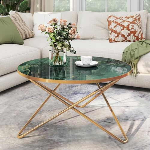 MROJISC Gold Coffee Table for Living Room, Marble Side Table Round, Green