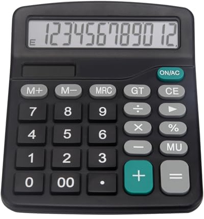 Skrivbordsräknare, grundläggande kontorsräknare med 12 siffror stor skärm, dubbel solkraft och batteri, 4 funktioner enkel beräkning, stor knapp för kontor hem skola (svart)