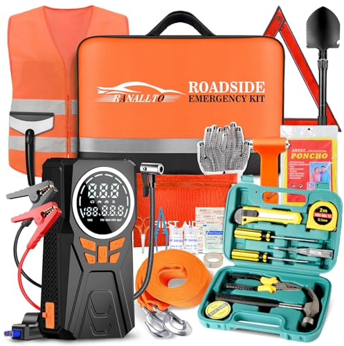 Car Emergency Kit with Jumper Starter and Air Compressor, Roadside Emergency Tool Kit for Truck Venicle Auto, Men Women Winter Travel Road Side Safety Essential Survival Bag with First Aid Kit