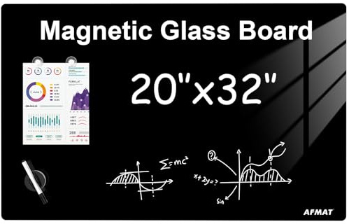 AFMAT Magnetisches Whiteboard aus Glas, trocken abwischbar, 80 x 50 cm, modernes Memoboard, Wandmontage, gehärtetes großes Glas, Whiteboard, rahmenlos, für Zuhause, Büro, Küche, Schwarz, GB05