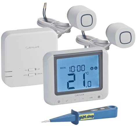 SALUS Controls Heizung Einzelraumregelung Digitaler Funk Raumthermostat mit Empfänger, 2X Stellantrieb und 1x gh24 Phasenprüfer