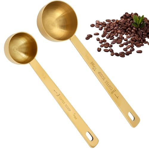 Coffee Measuring Spoons Set, HAVIRI 2PCS 5ml/15ml Stainless Steel Measuring Spoon with Long Handle, Precision Scoop Tablespoon Measure for Coffee, Protein Powder, Seasonings, Loose Tea, Sugar(Gold)