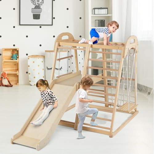 GYMAX Palestra in Legno 8-in-1 per Bambini, Set Gioco Montessoriano con Scivolo, Altalena, Barrette da Scimmia, Scala a Corda, Piattaforma, Scala Arrampicata e Rete (Naturale, 198 × 105 × 124 cm)
