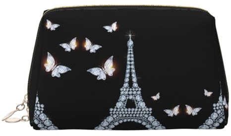 Eiffel Tower Print Leather Cosmetic Pouch, Leather Makeup Bag for Purse with Top Zip Closure Stylish Toiletry Bag