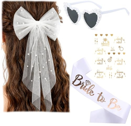 4 Stück JGA Accessoires Frauen, Weißer Schleier mit Perlen, Bride to Be Schärpe, Herz-Sonnenbrille, Bride Tattoo Aufkleber, JGA Deko Frauen für Junggesellenabschied Frauen und Hochzeitsfotografie