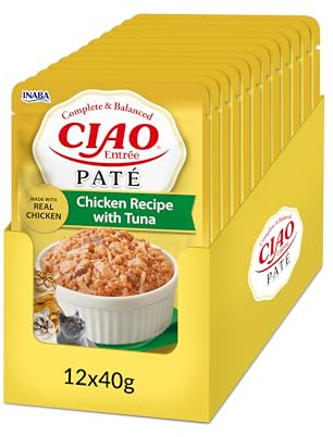 INABA Ciao Entrée Paté, Nassfutter für Katzen, Complete & Balanced 12 x 40g | Komplettmahlzeit mit Huhn Thunfisch, Natürliche Zutaten, Kalorienarm, Cremige Leckere Katzensuppe, Ohne Getreide und Zucker
