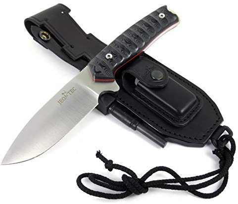 JEO-TEC Nº21 Cuchillo supervivencia caza monte bushcraft camping outdoor campo - Funda de piel con pedernal y piedra afilar incluidos - Acero BÖHLER N690C - Fabricado en España