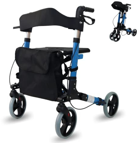 Mobiclinic®, Andador Plegable, Ligero, con Asiento y Respaldo, Rollator, Trajano, 4 Ruedas, Con Freno, Bolsa de Almacenamiento, Aluminio, Celeste