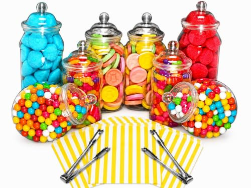 Truly Sweet Candy 8 Empty Plastic Sweet Jars, 2 tongs and 50 bags, 11 colours to choose from - Simply add sweets to create your sweet table (Yellow)