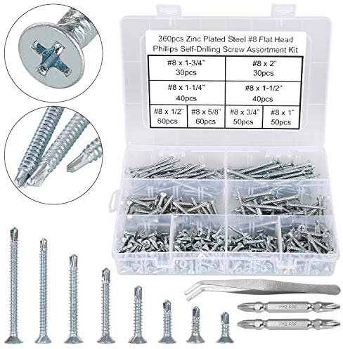 FandWay 360Pcs Self Tapping Screws for Metal,M4.2 Self Drilling Screws for Steel,Countersunk Head Tek Screw, Flat Head Sheet Metal Screw Galvanized for MetalWork Aluminum Wood Plastics.