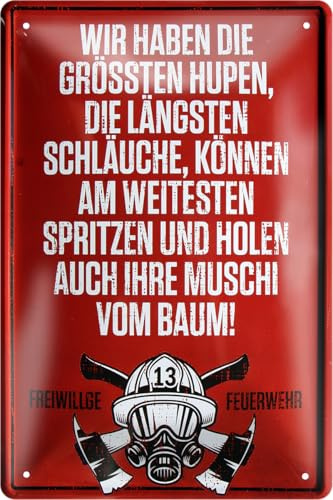 schilderkreis24 - Feuerwehr Blechschilder 20x30cm Set – Sprüche & Deko für Feuerwehrmann (A - Wir haben die größten Hupen, die längsten Schläuche)