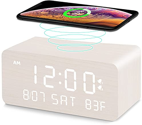Andoolex Wooden Digital Alarm Clock with Wireless Charging, 0-100% Adjustable Brightness Dimmer and Volume, Weekday/Weekend Mode, Dual Alarm, Snooze, 12/24H, Wood LED Clock for Bedroom (White)