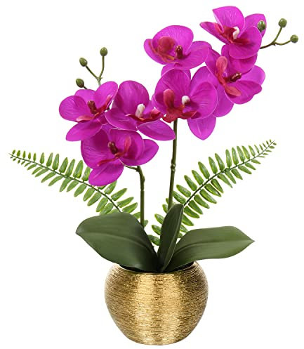Briful Kunstblumen wie Echt Orchideen Künstlich Blumen Deko Kunstpflanze Phalaenopsis im Goldfarbenen Topf Frühlingsblumen für Wohnzimmer Badezimmer Büro Dekoration