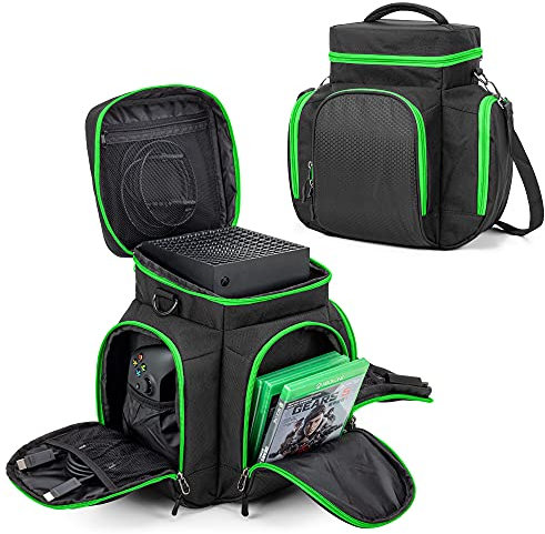 Trunab Console Carrying Case Compatible with Xbox Series X, Travel Bag with Multiple Pockets for Xbox Controllers, Cables, Portable Hard Disk and Other Accessories, Green - Patented Design
