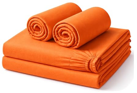 Amour Calin 4 Piece Bed Sheet Set - Easy Care Soft Brushed Microfibre Fabric - Flat Sheet, Fitted Sheet with Pair of Pillowcases - Shrinkage and Fade Resistant (Orange, Double)