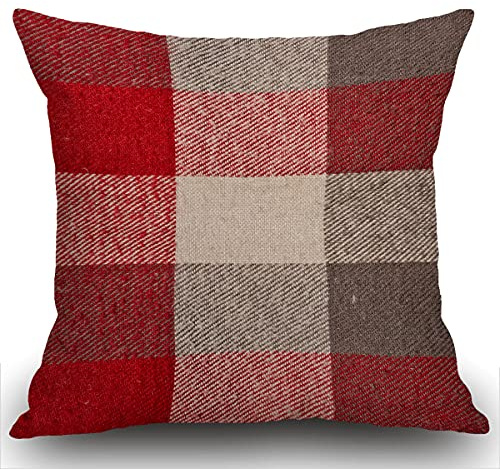 Smooffly Dekorativer Kissenbezug, Kariert, Rot-Graues Tartan-Muster, Baumwolle und Leinen, 45 x 45 cm, Perfekt für Sofa, Bett, Outdoor, 1 Stück