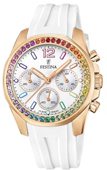 Festina Damenuhr Analog aus Kautschuk Weiß | Quarzwerk Chronograph, Widerstandsfähiges Mineralglas, Wasserdicht 10 ATM F20611/2