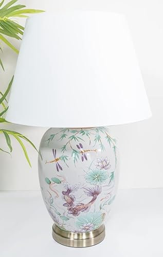 DOWNTON INTERIORS Large Grey Green Pink Koi Fish Chinese Oriental Ceramic Porcelain Table Lamp Overall Height 56cm (G2102) (White Plain Shade)