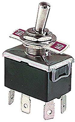 Deviatore bipolare a leva DPDT bipolare ON-(ON) momentaneo con terminali faston 6,35mm, foro di montaggio diametro 12mm, 250V 10A