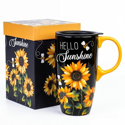 DUSVALLY Keramisk mugg stor kaffekopp höga muggar porslin latte tekopp med lock 17 oz, solros
