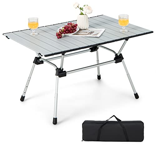 COSTWAY Campingtisch faltbar, höhenverstellbarer Falttisch mit Aluminium-Tischplatte, Klapptisch Gartentisch mit aufrollbarer Tischplatte, inkl. Tragetasche, 90 x 60,5 x 52 cm (Silber)