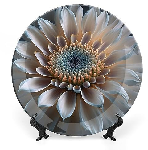 Gokays Decorative Plates, White Dahlia Flower Ceramic Dinner Plate Home Wobble-Plate with Display Stand, Wall Hanging Decor for Living Dining Room Kitchen Household 8 Inch