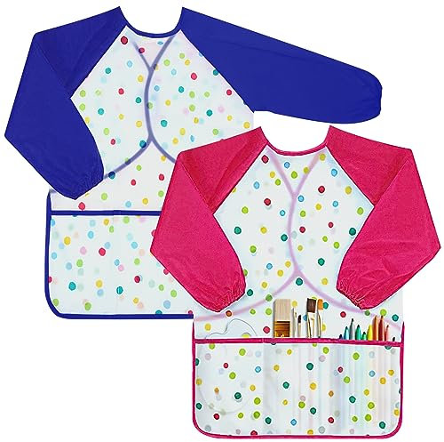 Malschürze für Kinder 2-8 Jahre, Wasserdicht mit Ärmeln und 3 Taschen, für Mädchen/Junge - Malkittel für Schule, Kunst, Malen, Kochen, Essen (Blau + Rosa)