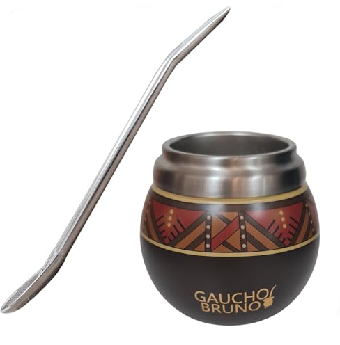 Gaucho Bruno - Mate thermique en acier inoxydable pour boire du Yerba Mate | Facile à nettoyer | Maintient la température des boissons | Conçu pour ressembler à une gourde naturelle | Avec Bombilla