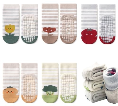 FedMois 5 Pairs Baby Kids Cozy Warm Winter Socks Anti-slip Infant Toddler Thermal Crew Socks, plant, 1-3 Years