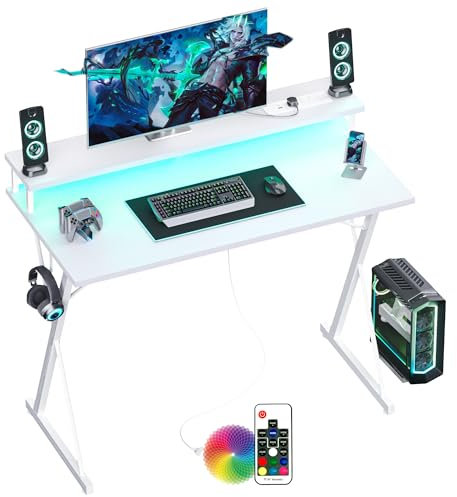 BEXEVUE Gaming Desk with Power Outlets LED - 100x50cm Ergonomic Computer Gamer Desk, Large PC Monitor Stand, X Frame Modern Table, Headphone Hook, Workstation for Study Play Work Bedroom Home Office