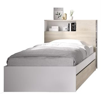 DEKIT GRUPO RIMOBEL TEN - Cama con almacenaje en cabezal y aro de cama 90X190 con dos cajones - BLANCO / NATURAL - 96 x 99 x 218,2